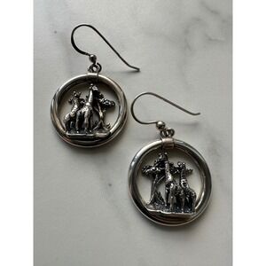 KBN Sterling Silver Giraffe Acacia Tree Hoop Drop Earrings Vintage 9.51g 925